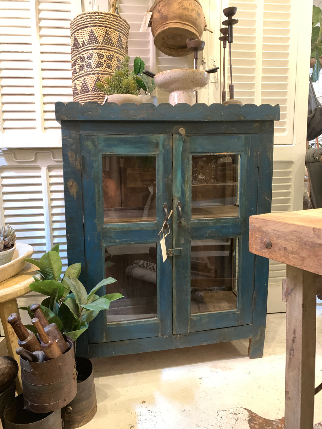 Timber Vintage Cupboard Glass Doors Blue