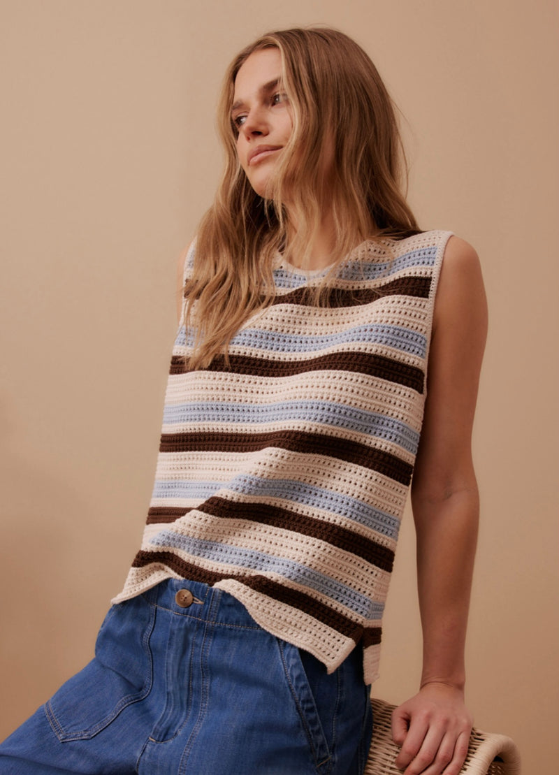 Mesh Knit Tank Chalk Choc Stripe