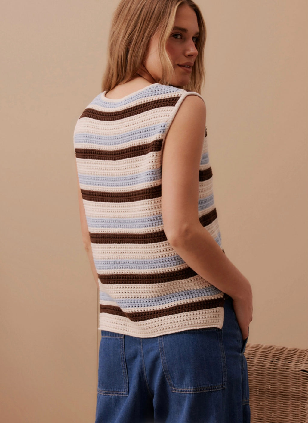 Mesh Knit Tank Chalk Choc Stripe