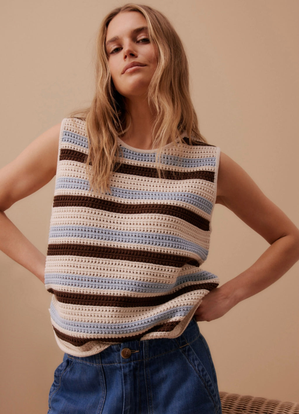 Mesh Knit Tank Chalk Choc Stripe
