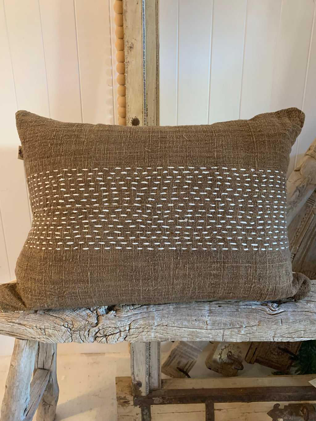 Linen Lumber Cushion - Brown/White Stitching
