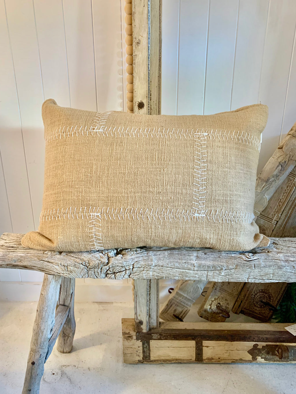 Linen Lumber Cushion - Beige/White Stitching