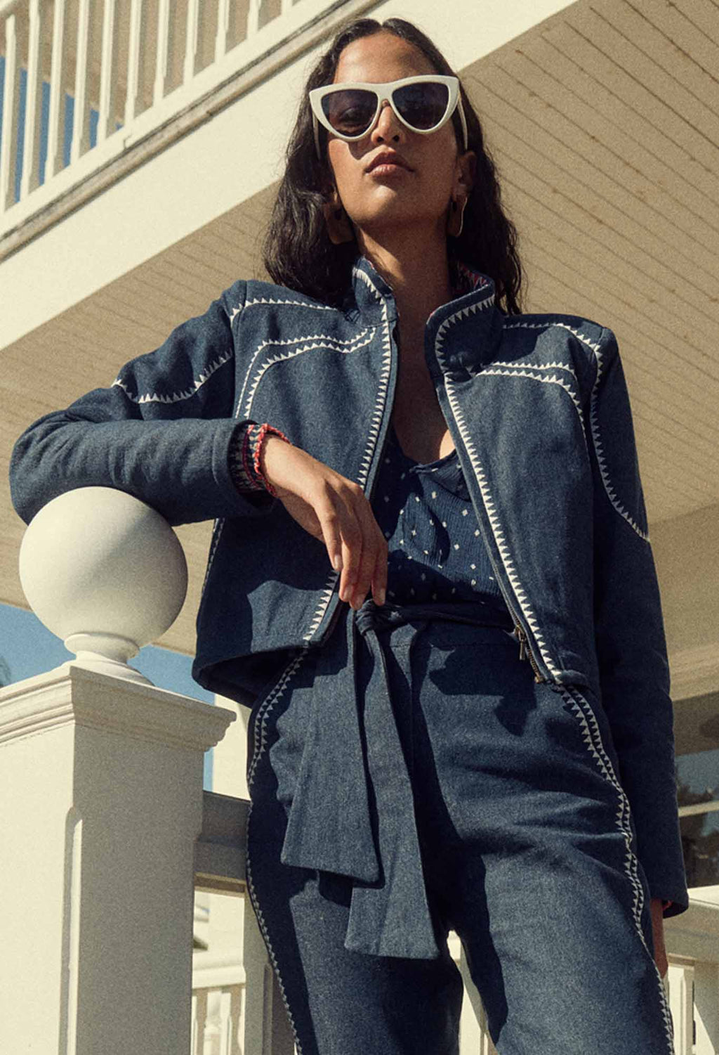 Delray Reversible Placement Embroided Cotton Denim & Linen Viscose Jacket