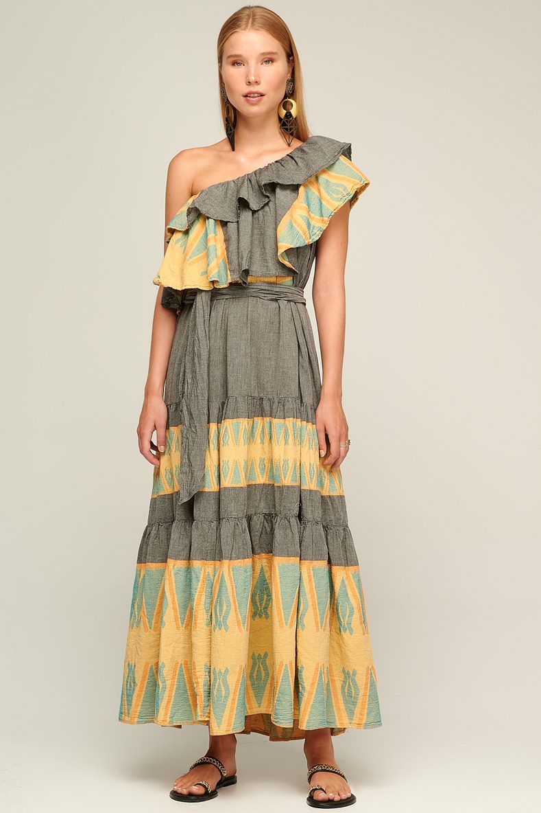 Zakar One Shoulder Maxi Dress - Black/Yellow