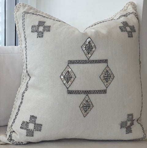 Indian Beaded Linen Cushion - White
