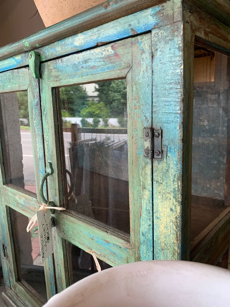 Timber Antique Glass Cabinet Green