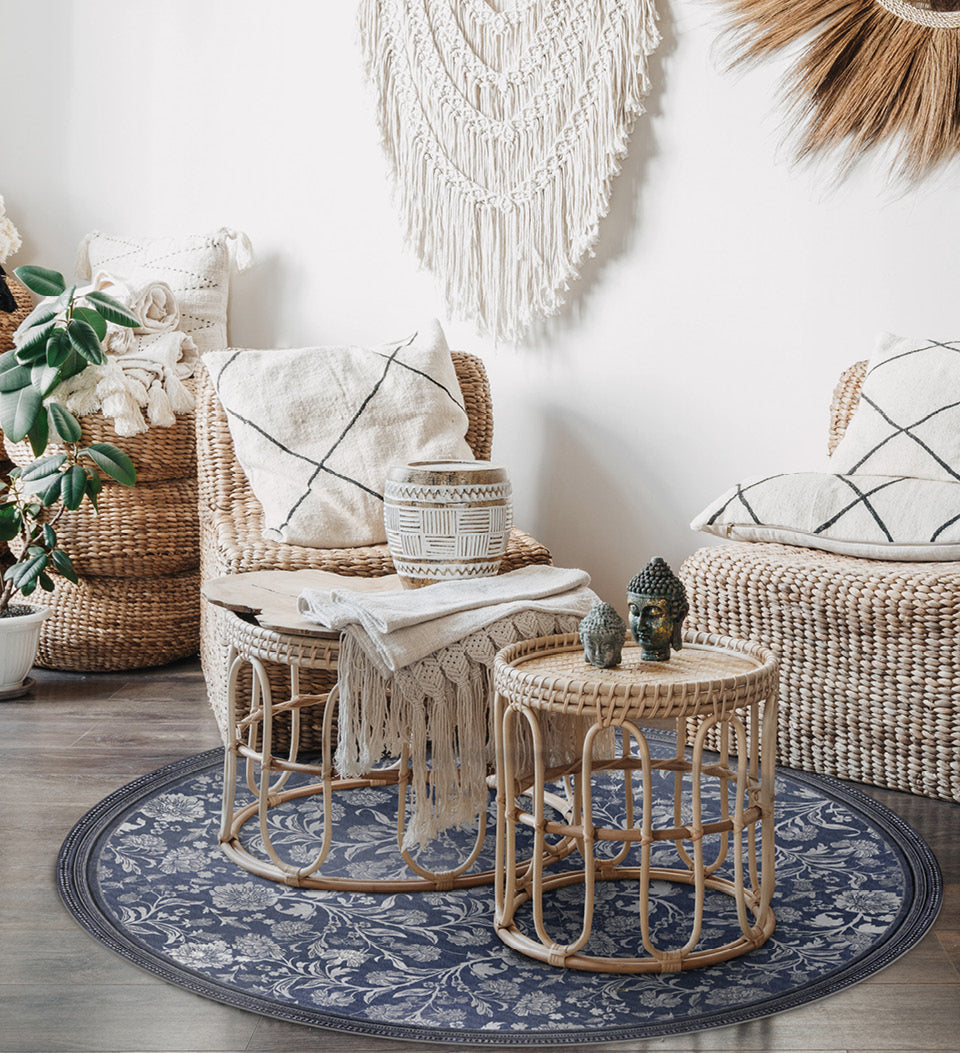 Bohemia Indigo Flower Round Vinyl Mat